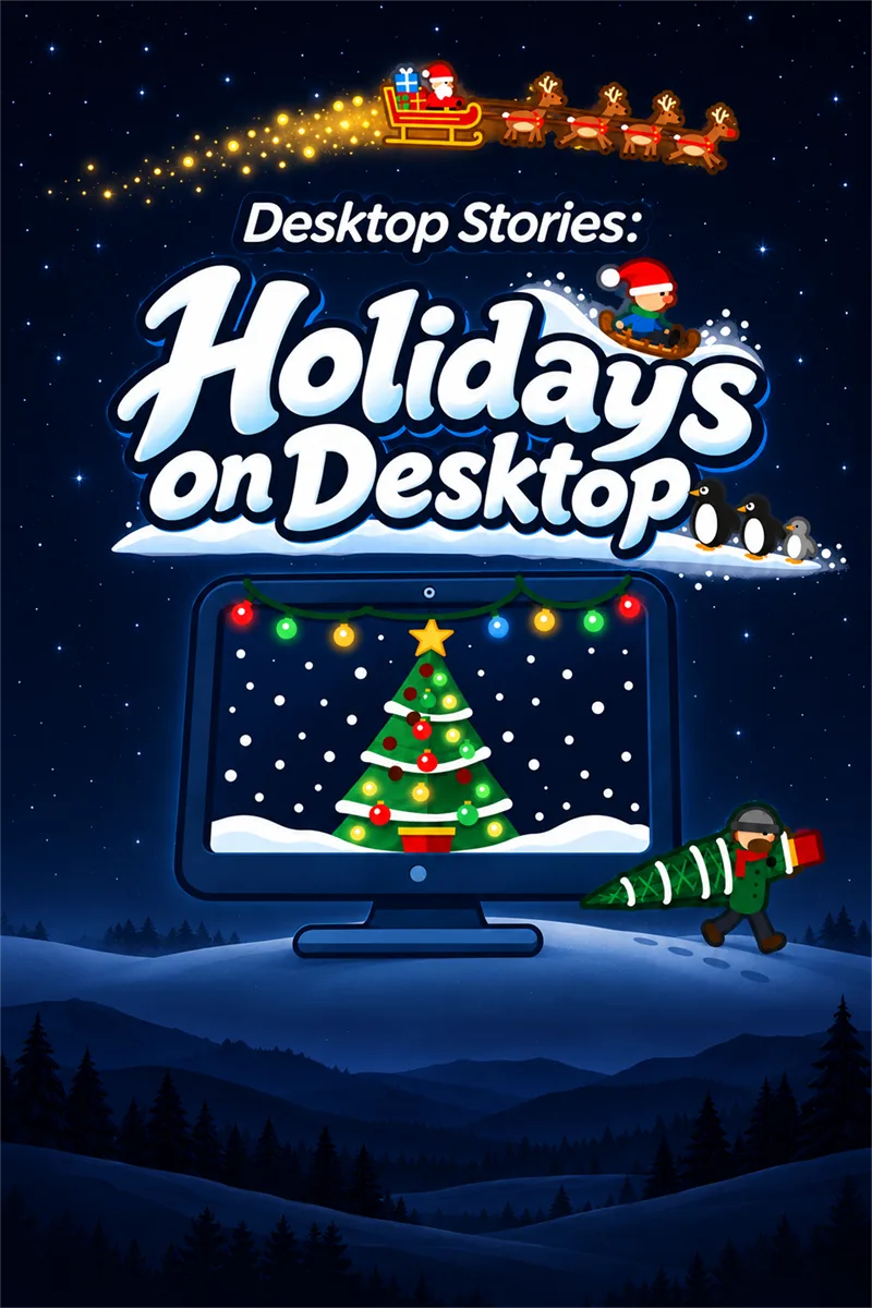 Desktop Stories: Holidays on Desktop – Santa with his reindeer sleigh, a sledder, penguins and a snowy screen