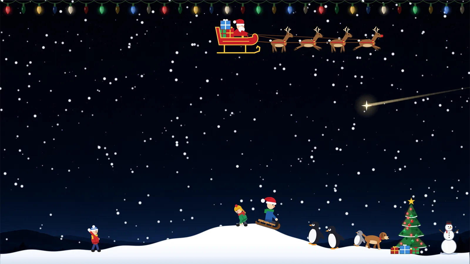 Winter scene: Santa with his reindeer sleigh, a shooting star, a sledder, penguins, a dog, a Christmas tree and a snowman