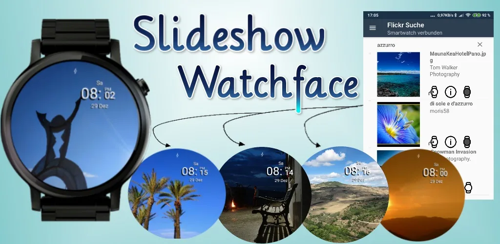 Slideshow Watchface: Zifferblatt mit wechselnden Fotos und die Flickr-Suche auf dem Smartphone
